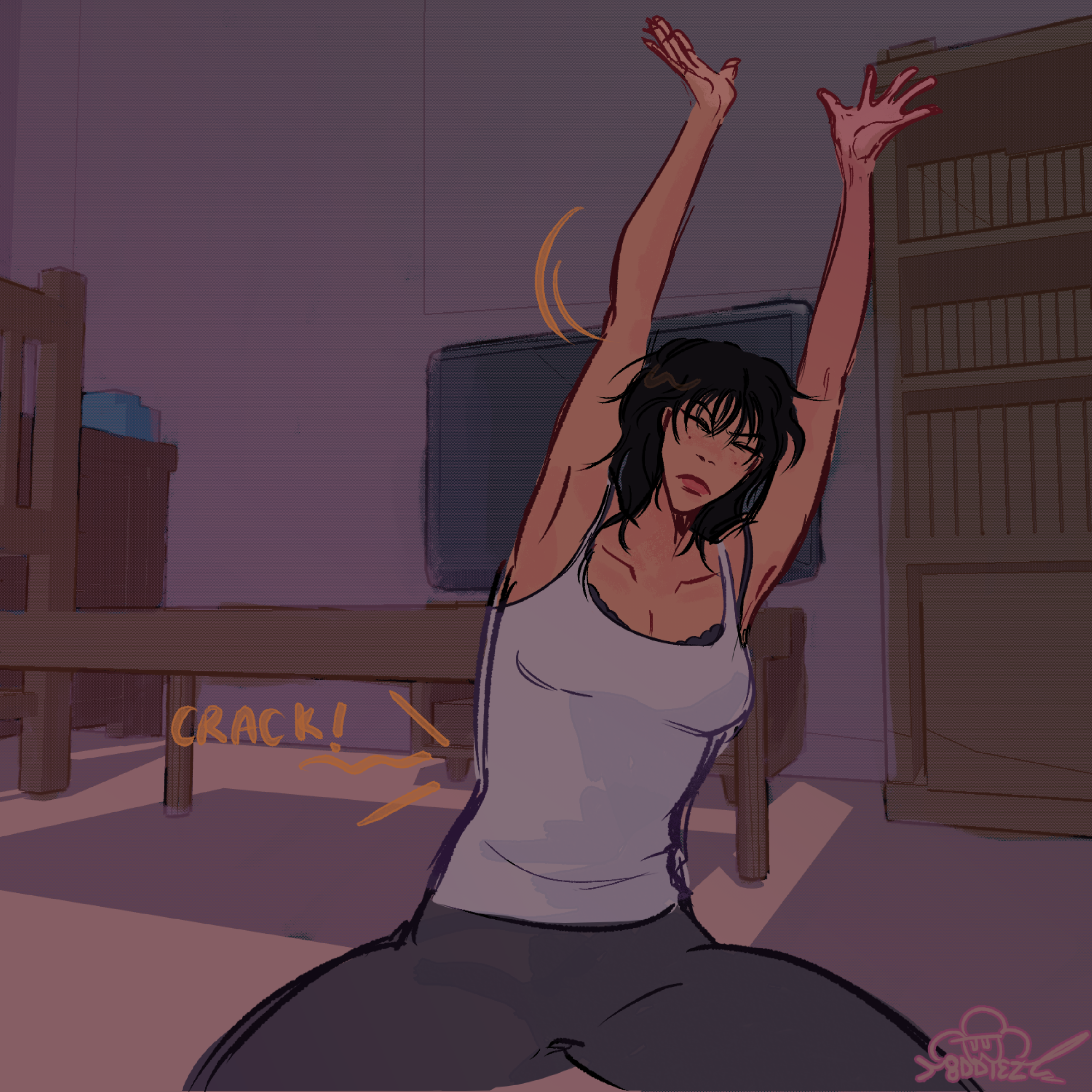 Image of Taylor stretching in her dorm
